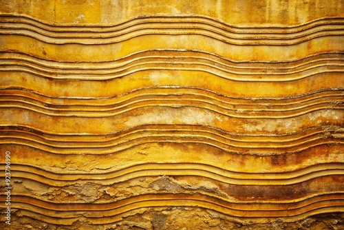 Distressed stone wall art with yellowish-brown rust, horizontal striped lines, and wavy patterns on a bright yellow background, evoking a vintage, weathered aesthetic. photo