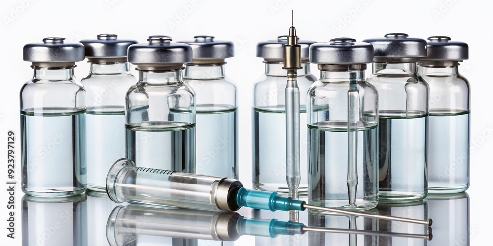 Doses of diphtheria vaccine in glass bottles with syringes and needles arranged on a white background, ready for administering protection against the infectious disease. Doses of diphtheria vaccine in glass bottles with syringes and needles arranged on a white background, ready for administering protection against the infectious disease.