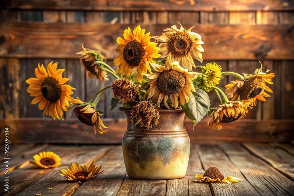 Vibrant sunflowers in a glass vase, a summer still life capturing golden blooms against lush greenery Vibrant sunflowers in a glass vase, a summer still life capturing golden blooms against lush greenery