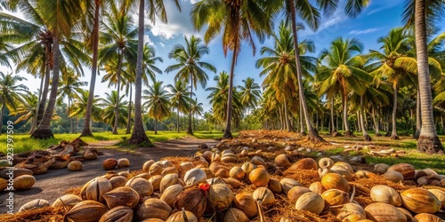 Dry coconut husks strewn beneath mature palm trees, remnants of harvested coconuts, withering away in a rustic, sun-drenched backdrop, evoking rural tropical landscapes.