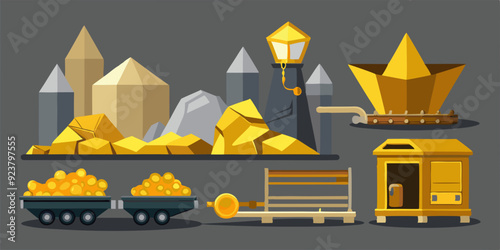 Vector Illustration of a Vintage Gold Mine Cart Collection, Complete with Trolley and Nugget Truck, Set Against a Cave Entrance with Gray Rocks and Iron Rails in a Mountain Minerals Theme.