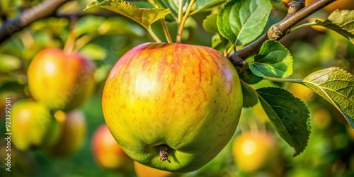 Early blooming and ripening Hornsberg apple, originating from northeastern Småland, showcases vibrant yellow-green skin and juicy flesh, perfect for snacking and baking. photo