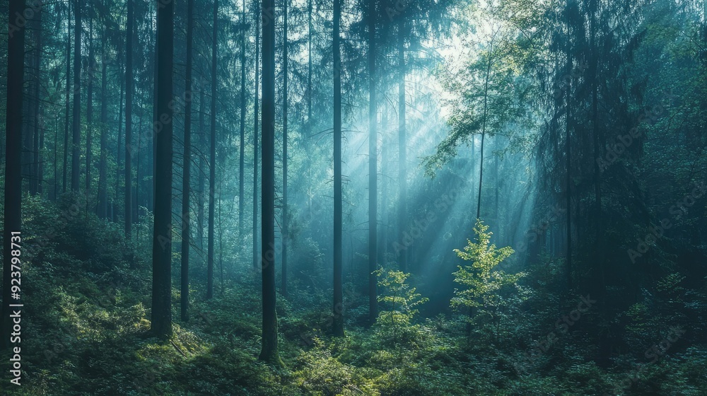 Majestic forest panorama with sunlight breaking through the trees. Perfect for adding text or branding Majestic forest panorama with sunlight breaking through the trees. Perfect for adding text or branding