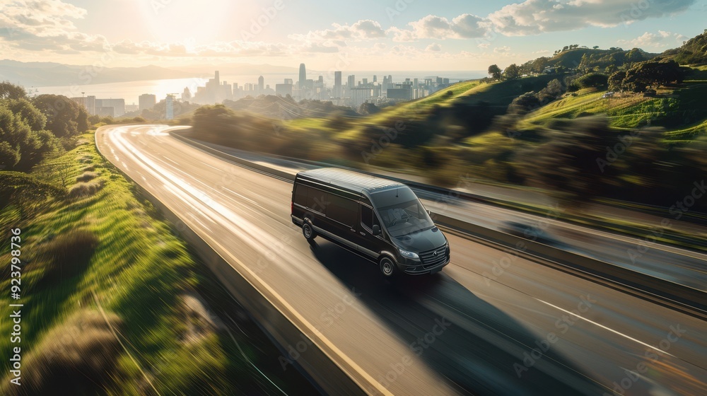 The van on urban highway. The van on urban highway.