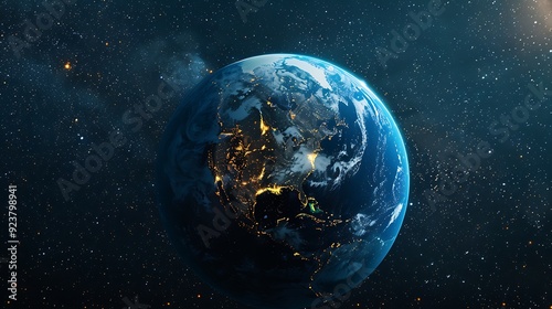 Fototapeta Naklejka Na Ścianę i Meble -  Beautiful blue planet earth with yellow city light