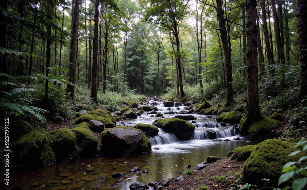 Serene Forest Stream Flowing Through Lush Greenery in a Peaceful Woodland Area Serene Forest Stream Flowing Through Lush Greenery in a Peaceful Woodland Area