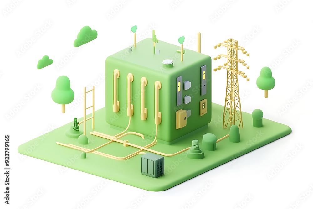 Futuristic Smart Grid Network Icon in Green Clay Matte Cartoon Style