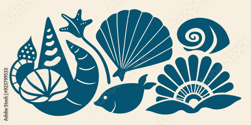 Linocut shell set, vector ocean beach scallop silhouette print, summer marine snail icon collection. Tropical seashore engraving illustration, mollusc conch woodcut. Linocut shell nautical clipart