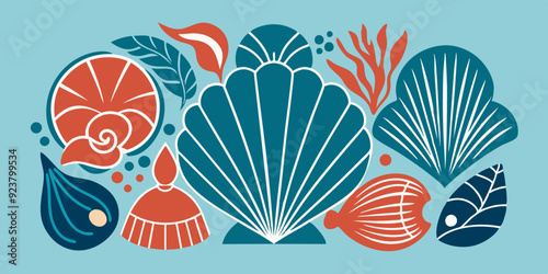 Linocut shell set, vector ocean beach scallop silhouette print, summer marine snail icon collection. Tropical seashore engraving illustration, mollusc conch woodcut. Linocut shell nautical clipart