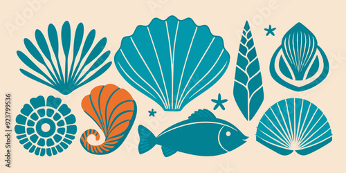 Linocut shell set, vector ocean beach scallop silhouette print, summer marine snail icon collection. Tropical seashore engraving illustration, mollusc conch woodcut. Linocut shell nautical clipart