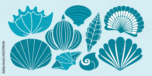 Linocut shell set, vector ocean beach scallop silhouette print, summer marine snail icon collection. Tropical seashore engraving illustration, mollusc conch woodcut. Linocut shell nautical clipart