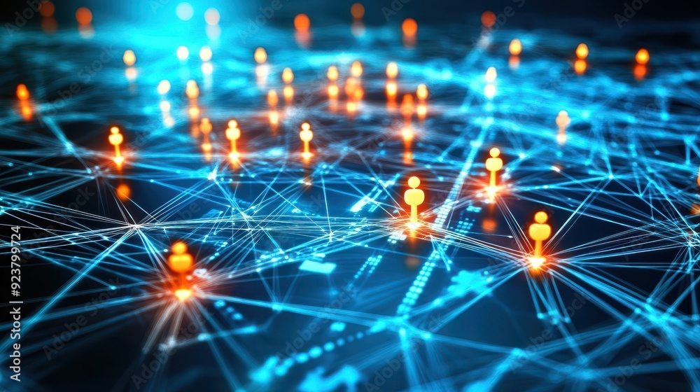 Illustration showing a network of light hovering over a database growth Illustration showing a network of light hovering over a database growth