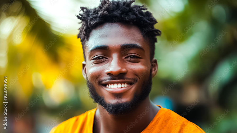 A man with a beard and a yellow shirt that says happy, person, man, portrait of a person A man with a beard and a yellow shirt that says happy, person, man, portrait of a person