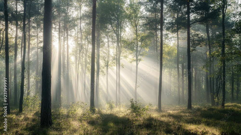 Fototapeta premium Panoramic view of a forest with sun rays filtering through the trees. Tranquil and serene scene with ample copy space