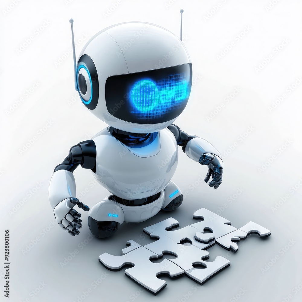 A 3D search engine robot piecing together a digital puzzle, symbolizing the assembly of search results A 3D search engine robot piecing together a digital puzzle, symbolizing the assembly of search results