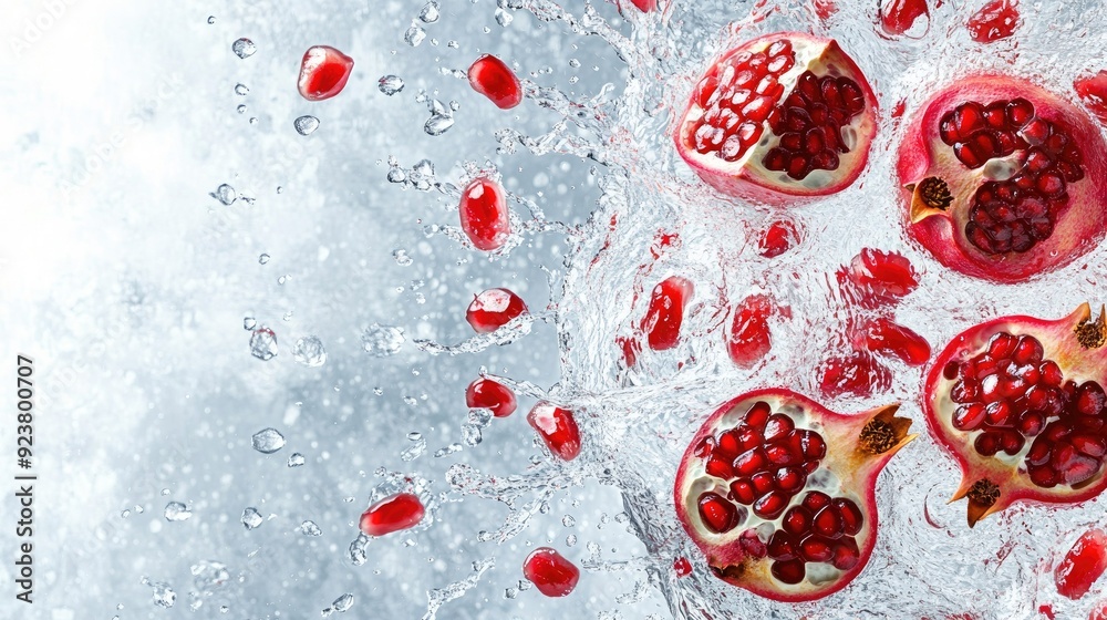 Pomegranate seeds splashing in water, top view. Ideal for adding text or branding on the left Pomegranate seeds splashing in water, top view. Ideal for adding text or branding on the left