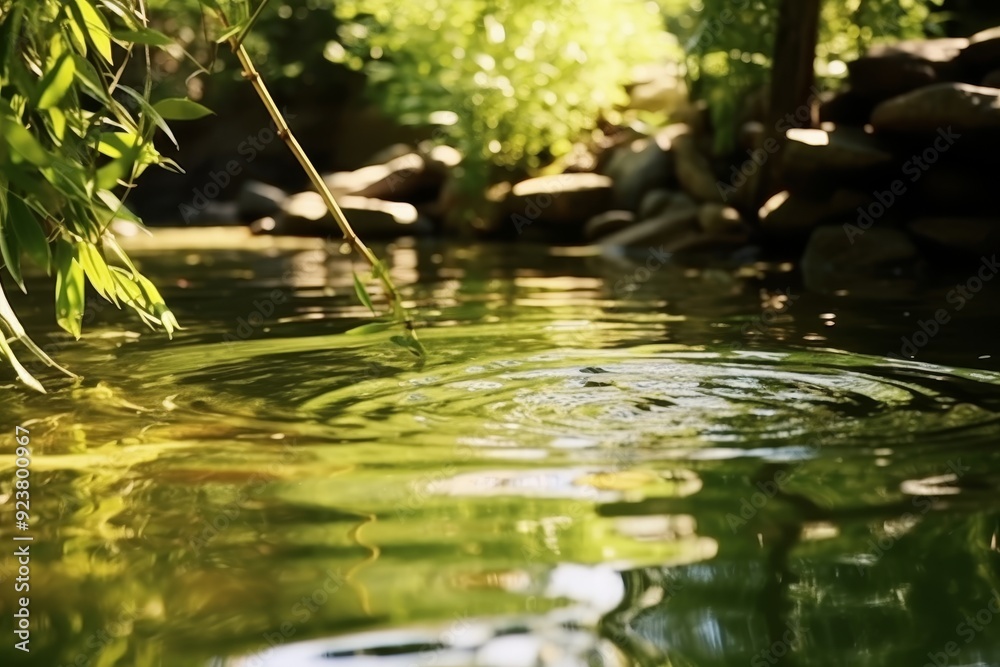 Naklejka premium Tranquil bamboo garden with flowing water and natural surroundings.