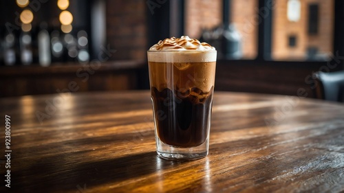 nitro cold brew coffee cold brew coffee infused with served aesthetically in a wooden table photo