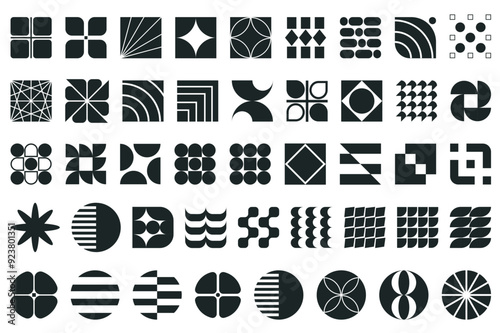 Brutalist geometric shape mega set elements in flat graphic design. Bundle objects of black square or circle symbols with abstract patterns and decorative bauhaus style prints. Vector illustration.