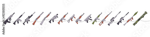 Weapons one line colored continuous drawing. Tactical assault rifles, smoothbore guns, AK 47, sniper rifles, anti-tank grenade launchers