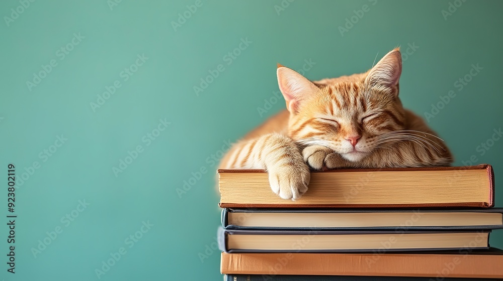 A cute cat sleeping on top of a stack of books. minimalistic, copyspace, banner A cute cat sleeping on top of a stack of books. minimalistic, copyspace, banner