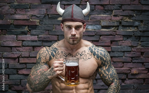 Young tattooed and muscular man with viking style horned hat holding a beer mug,