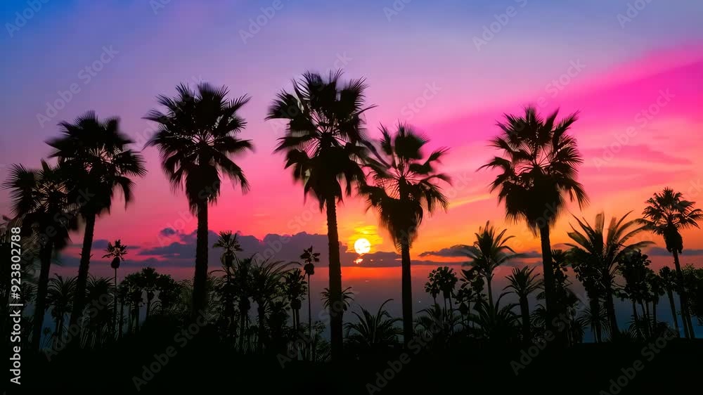 Vibrant sunset over palm trees on a tropical coastline