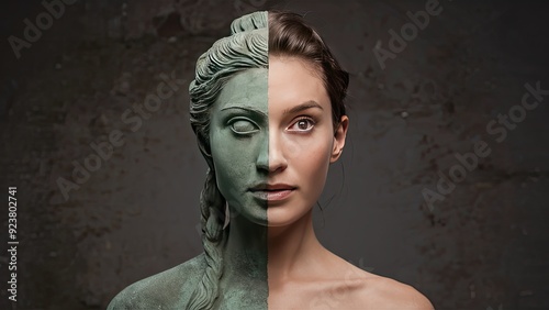 Ancient human woman statue partially turning into real human