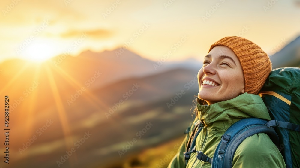 Happy Hiker Enjoying Sunrise Over Mountains Happy Hiker Enjoying Sunrise Over Mountains