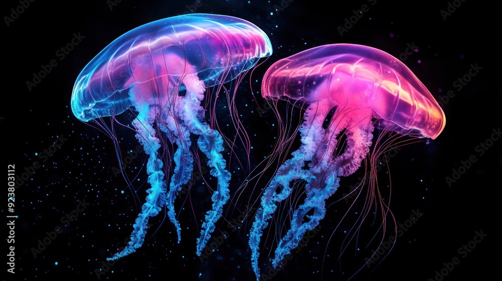 Two glowing jellyfish in dark water Two glowing jellyfish in dark water