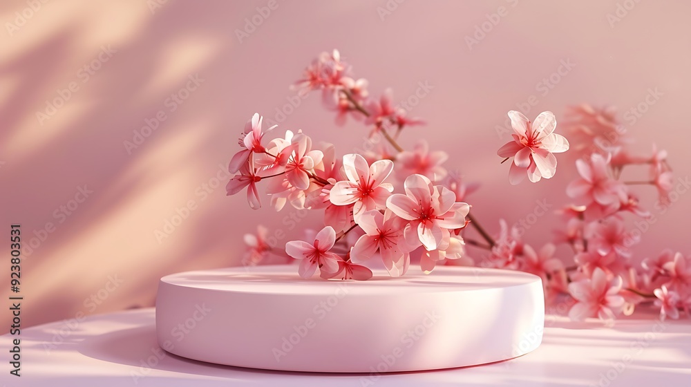 Pink rose background with white podium, empty space for product presentation. Pink rose background with white podium, empty space for product presentation.
