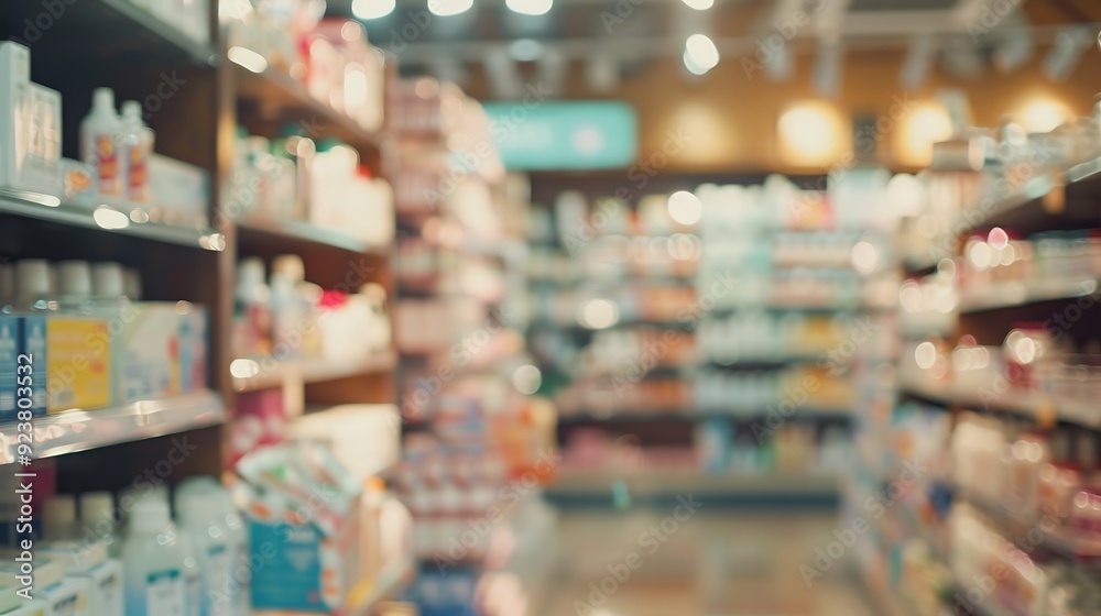 Fototapeta premium Pharmacy store drugs shelves, pharmacy business store defocus Background.