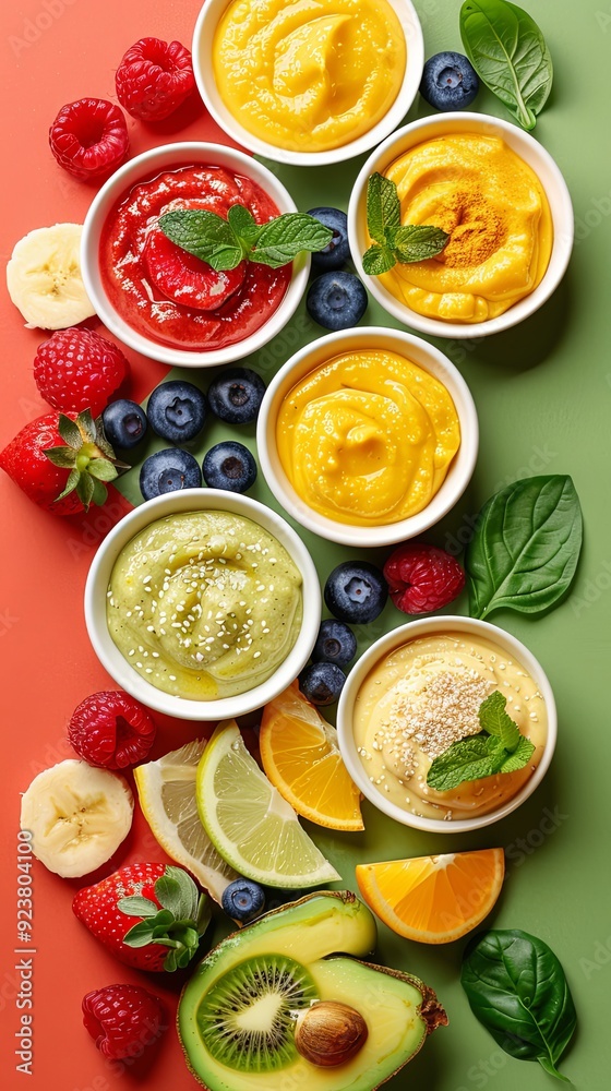 Colorful background with nutritious baby food in bowls with copyspace for text Colorful background with nutritious baby food in bowls with copyspace for text