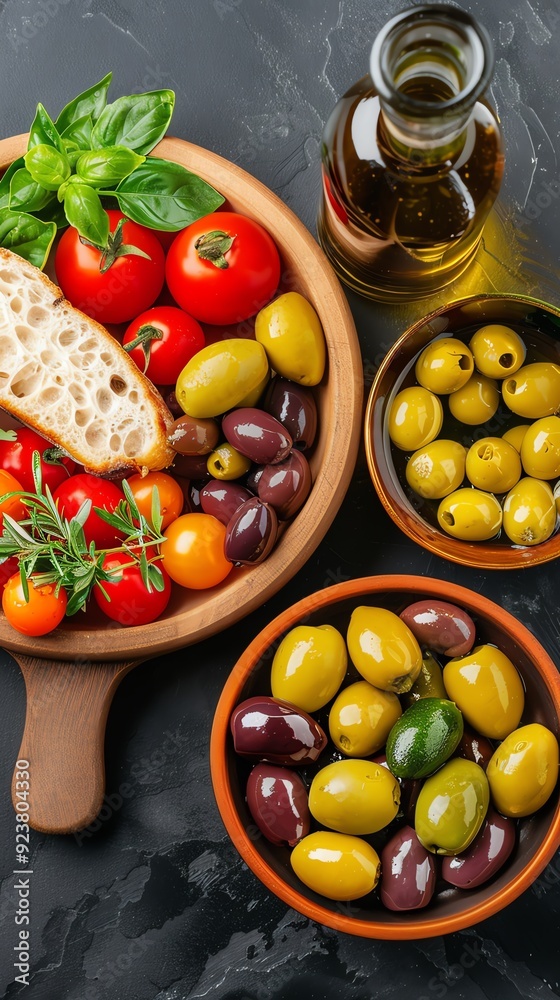 Mediterranean appetizer of olives, tomatoes, bread and olive oil. Mediterranean appetizer of olives, tomatoes, bread and olive oil.