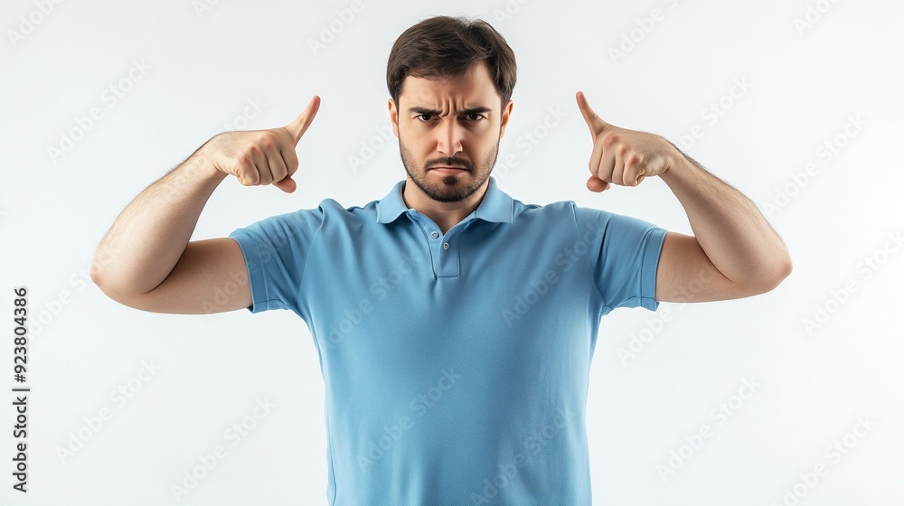 Man with a stern expression gives thumbs up and down against a plain background Man with a stern expression gives thumbs up and down against a plain background
