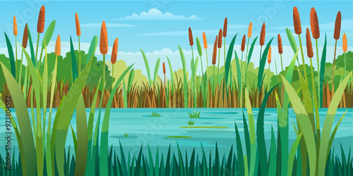 Swamp grass seamless border, vector reed plant, marsh bush, pond cattail shrub, cartoon nature clipart. Landscape river floral design element, green isolated blades, leaf vegetation. Swamp lake grass