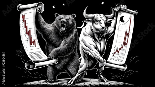 Bear and bull on dull background with stock exchange diagram