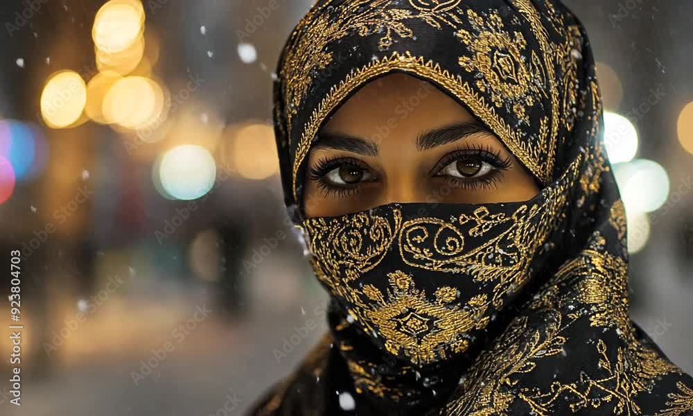 Woman in a traditional veil with intricate embroidery looks into the camera while snowing with a bokeh of city lights in the background.