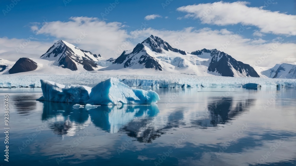 Blue glacier reflected in Arctic waters, snow-capped mountains Blue glacier reflected in Arctic waters, snow-capped mountains