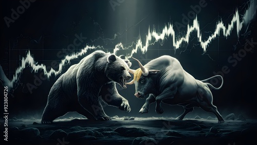 Bear and bull on dull background with stock exchange diagram