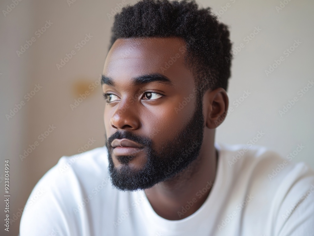 Obraz premium Contemplative Young Man with Short Hair, Looking Deeply into the Distance
