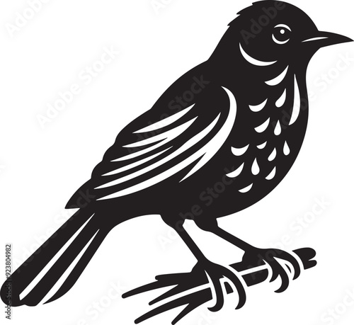 An American robin bird silhouette captures its plump body, upright stance, and iconic tail, emphasizing its graceful, perched form.