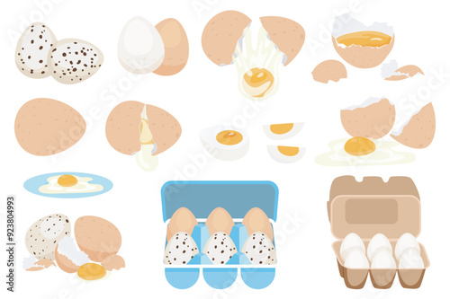 Fresh and boiled eggs mega set elements in flat graphic design. Bundle objects of different colors eggs, cracked eggshell and yolks, slices, products in cardboard containers. Vector illustration.