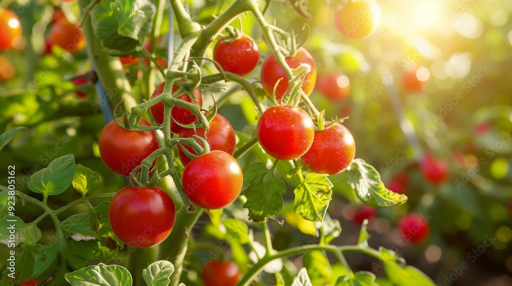 fresh, healthy and ripe red tomatoes hanging on bush plant fresh, healthy and ripe red tomatoes hanging on bush plant