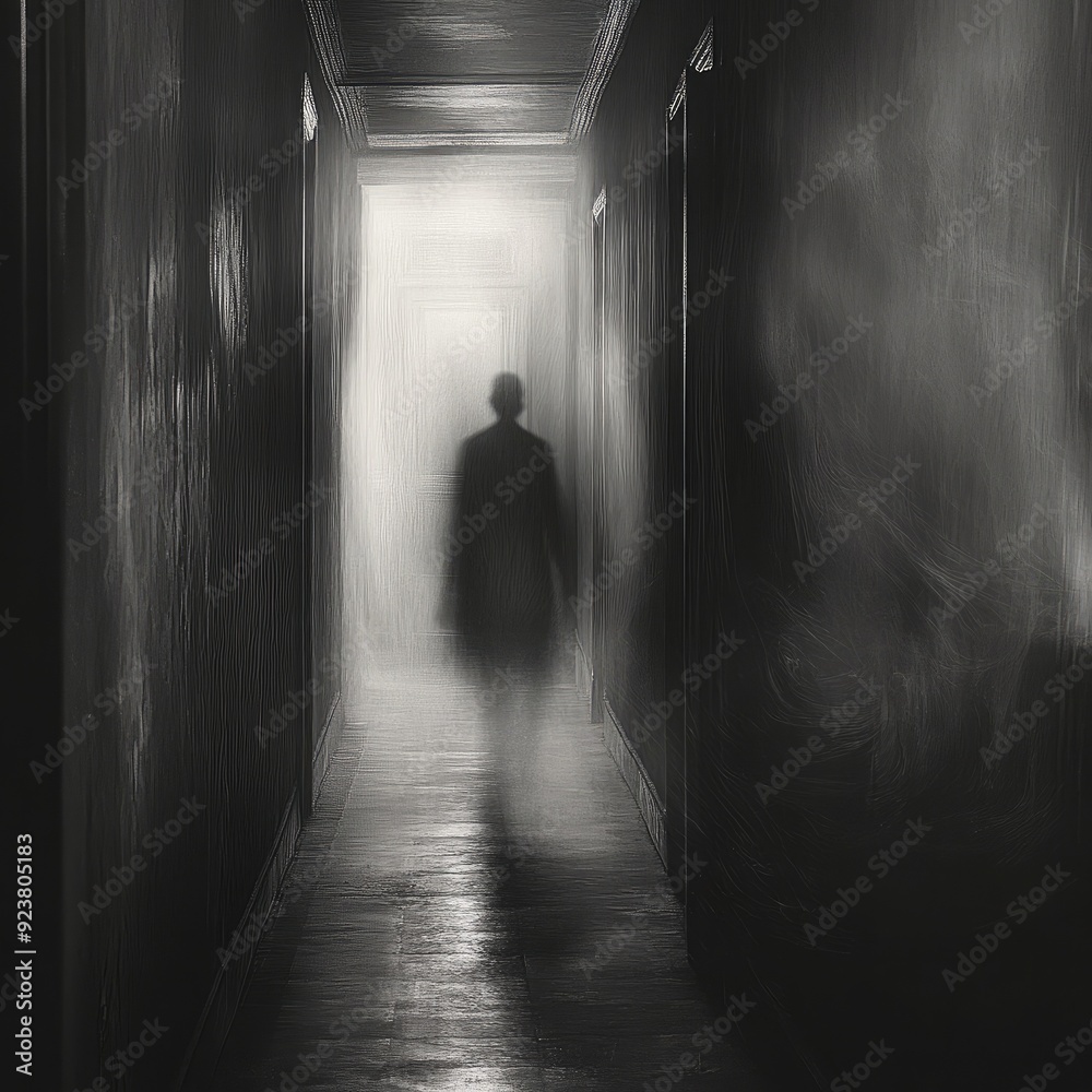 Faint outline of an invisible spirit passing through a dark corridor, the air growing colder, ghosts, unseen and eerie Faint outline of an invisible spirit passing through a dark corridor, the air growing colder, ghosts, unseen and eerie