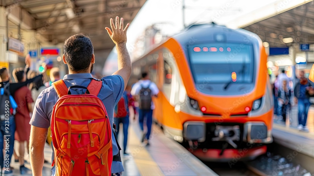 A train arriving at a bustling station, people greeting each other with joy, while on the opposite platform, travelers wave goodbye to a departing train A train arriving at a bustling station, people greeting each other with joy, while on the opposite platform, travelers wave goodbye to a departing train