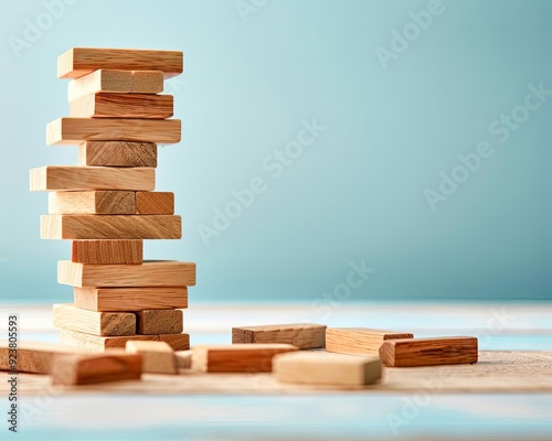 A tower of blocks increasing in height, while another tower decreases as blocks tumble down, symbolizing stability vs. instability