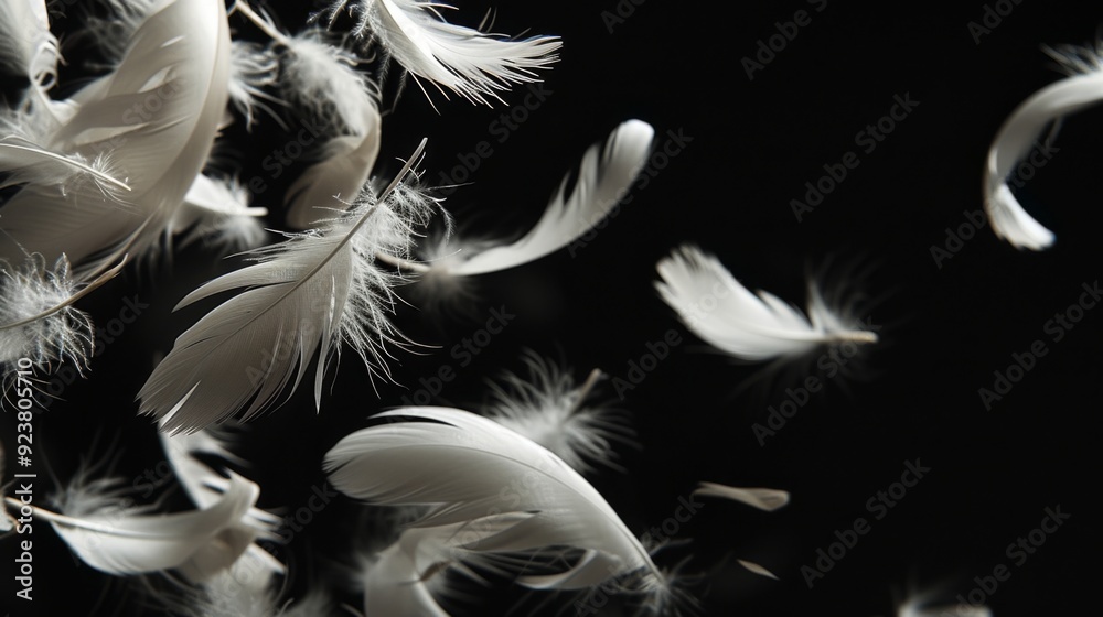 Fototapeta premium White feathers gently falling against a solid black background