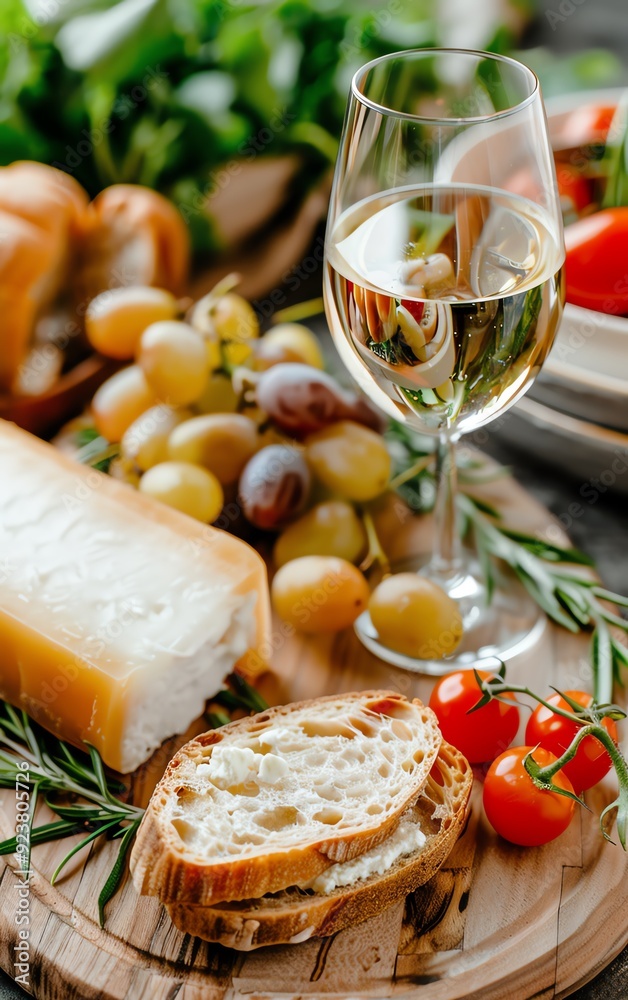 Close up of a cheese board with white wine, grapes, bread and tomatoes. Close up of a cheese board with white wine, grapes, bread and tomatoes.