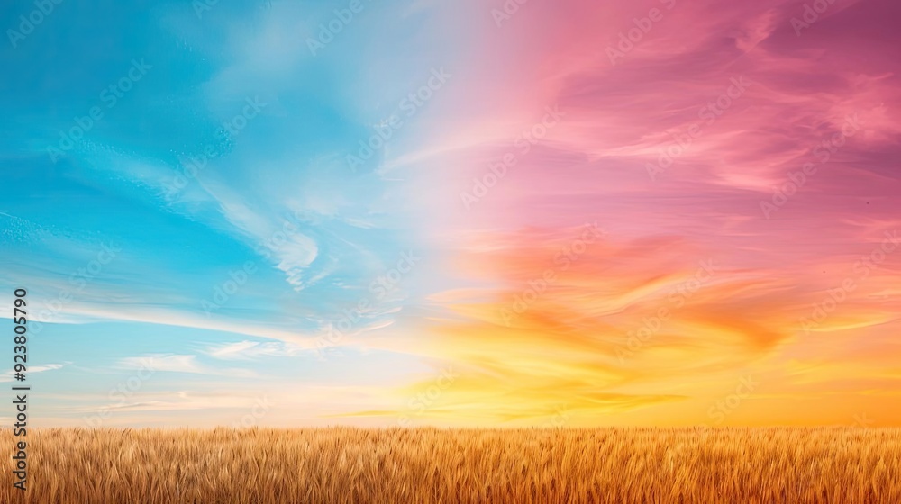 A sunrise symbolizing the arrival of a new day, and a sunset marking the departure of the day, both scenes blending seamlessly in the sky A sunrise symbolizing the arrival of a new day, and a sunset marking the departure of the day, both scenes blending seamlessly in the sky